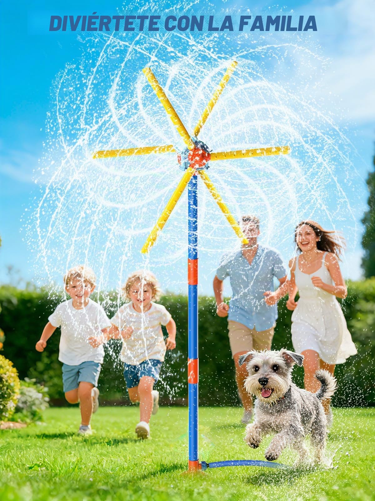 TERRAMUS Aspersor de agua con molinete de 59 pulgadas para niños, juguetes de verano, juguete de agua giratorio de 360°, doble cara mejorado con 6 aspas, juegos de jardín al aire libre, diversión de
