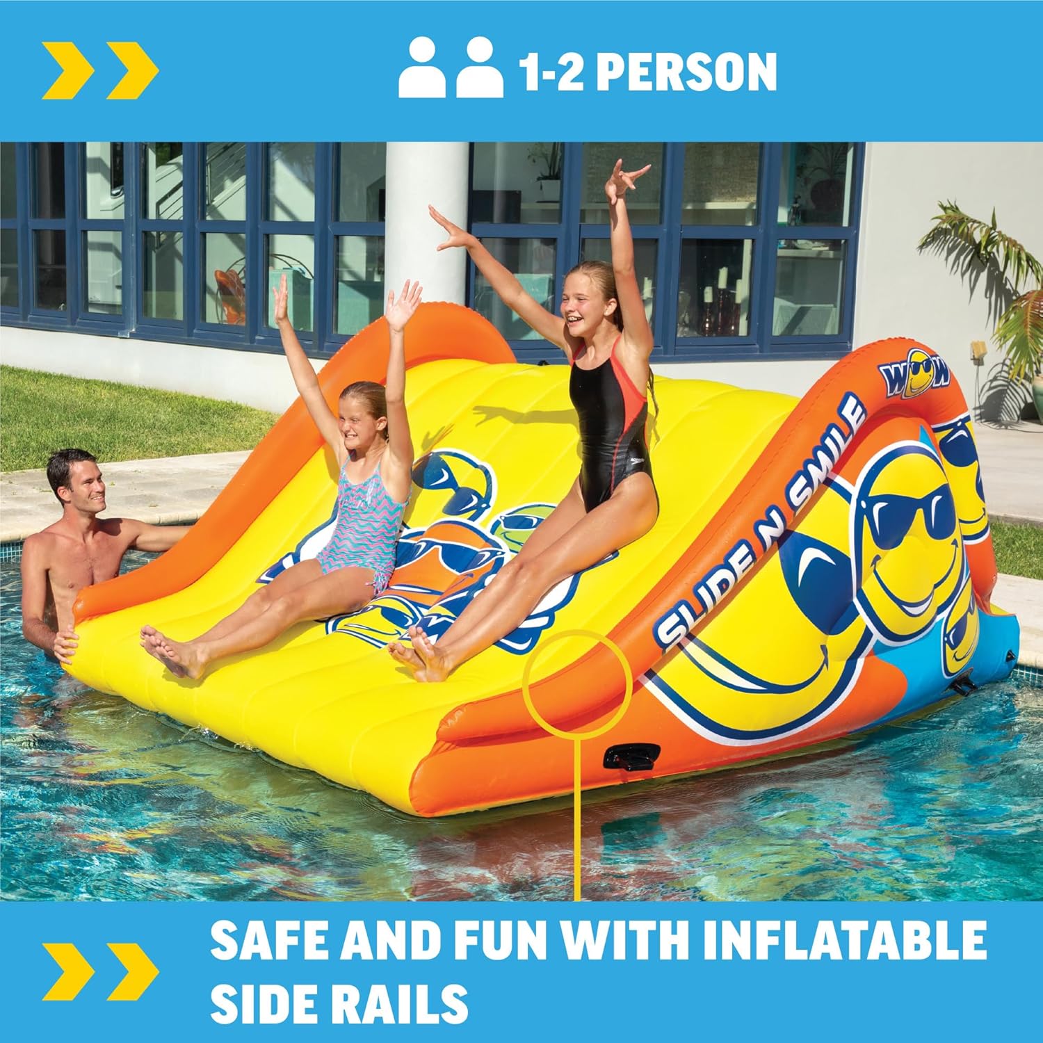 WOW Sports Giant Inflatable Floating Water Slide - 2 Lanes - 9 ft - Hi-Vis Graphics - Kids & Adults