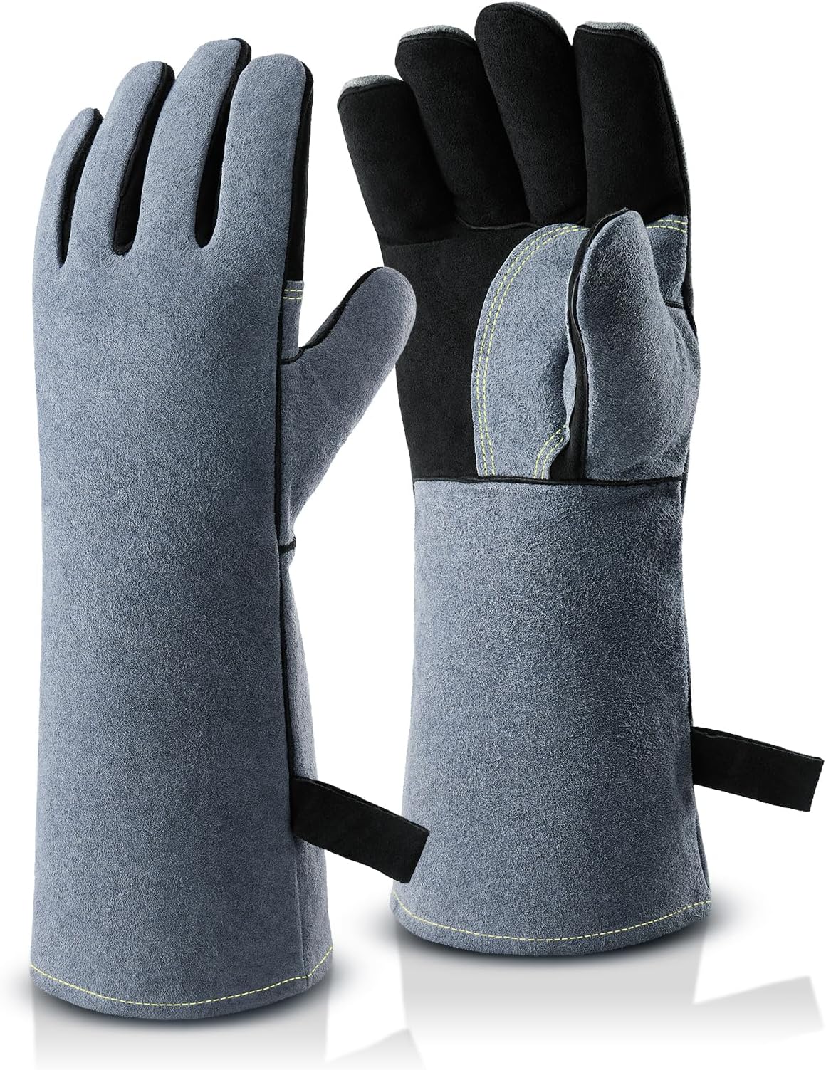 OZERO 16-Inch Heat Resistant Gloves: 932โ Cowhide Leather Welding Gloves, EN388/EN407/EN12477 Type A Certified, Reinforced Palm, Insulated Lining, Long Cuff for BBQ & Grill & Fireplace, Black-gray