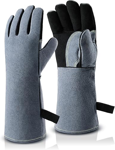OZERO Guantes de soldadura resistentes al calor 932F de cuero de vaca de 16 pulgadas, manga larga y forro aislante, guantes de barbacoa para