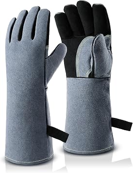 OZERO 932 F Heat Resistant Welding Gloves 16 inches Cowhide Leather - Long Sleeve and Insulated Lining BBQ Glove for Tig Welder/Mig/Grill/Barbecue/Stove Black-gray