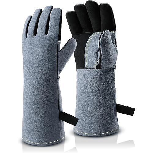 OZERO 932°F Heat Resistant Welding Gloves 16 inches Cowhide Leather - Long Sleeve and Insulated Lining BBQ Glove for Tig Welder/Mig/Grill/Barbecue/Stove Black-gray