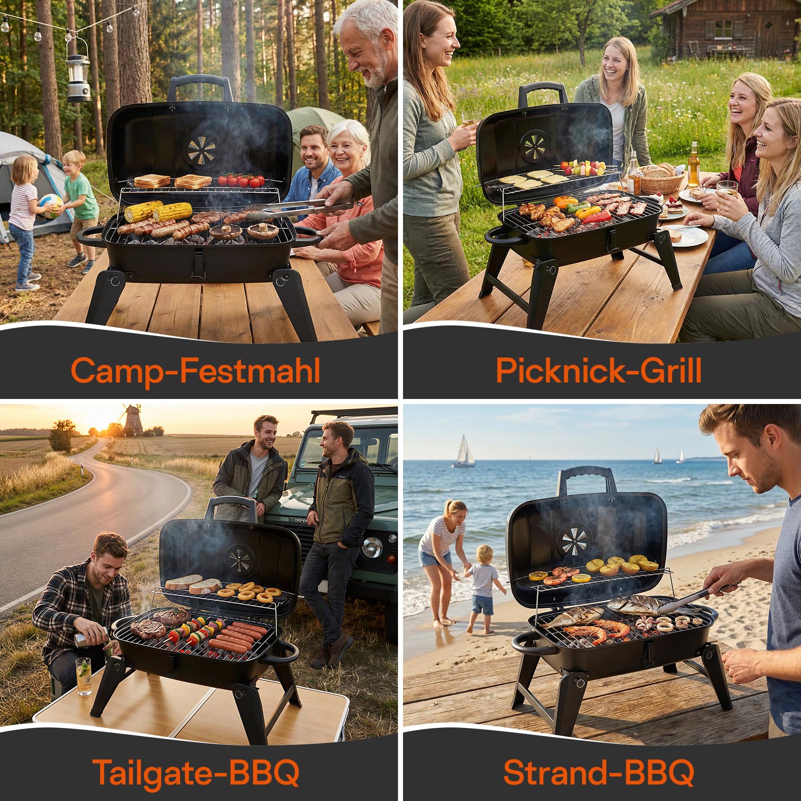 ERWEY Grill kempingowy, przenośny grill na węgiel drzewny, funkcja 2 w 1 jako grill i piekarnik, grill składany z drewnianą rączką do użytku na kempingu, na świeżym powietrzu i w ogrodzie, czarny