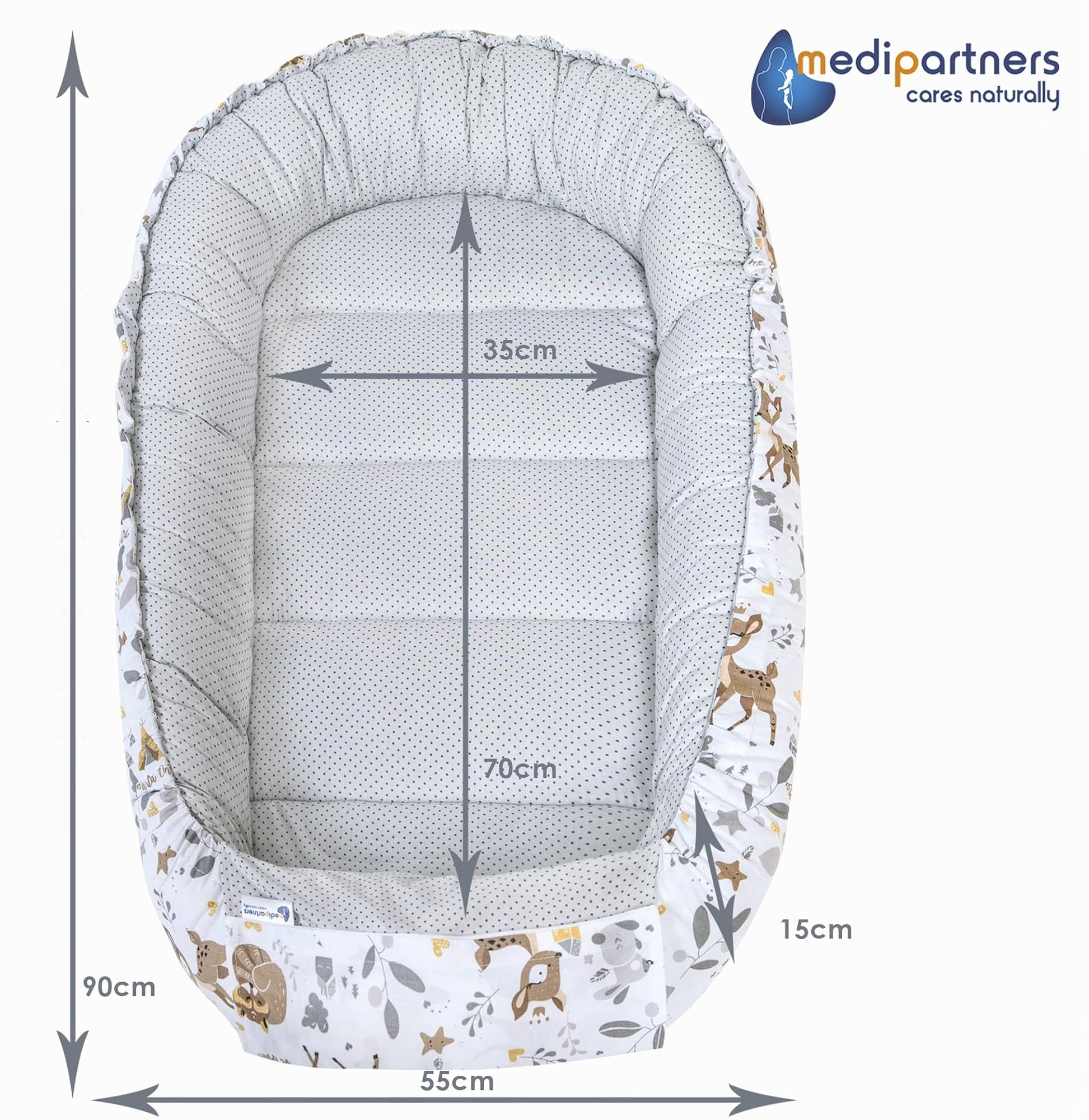 Medi Partners Reducteur de Lit Bebe - Réducteur Bébé 100x60x15cm 5 éléments Cocon et Naissance Nid d'ange bilatéral Cale 100% Coton Minky (Cerf avec Minky Gris)