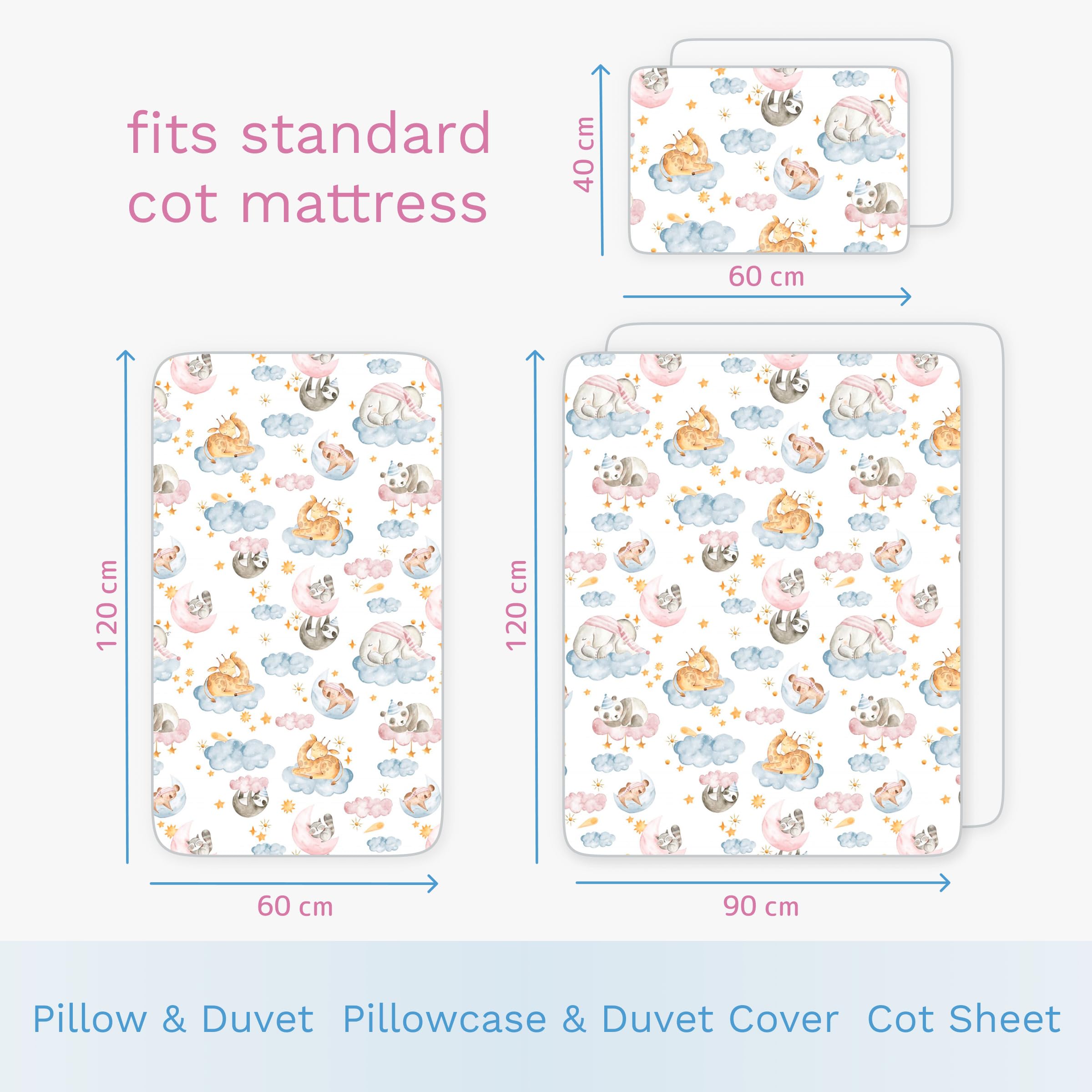 Baby Comfort Juego de Ropa de Cama de 5 Piezas con Funda nórdica y sábana de algodón para Cuna de 120 x 60 cm (Animales en Nubes) (12 Meses+)