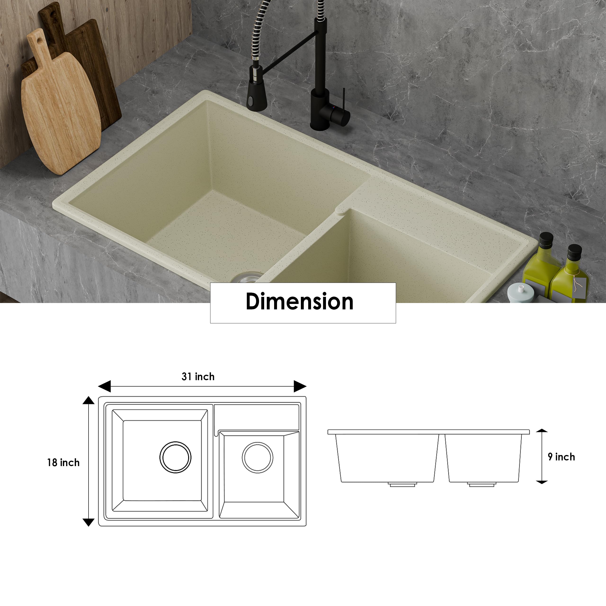 HISRE Quartz Kitchen Sink | 31x18x9 Inches Double Bowl Quartz Sink for Kitchen | UV Protected Sound Dampening Scratch Resistant Noise Reducing Durable and Easy to Clean | Crema, photo 5 of 5