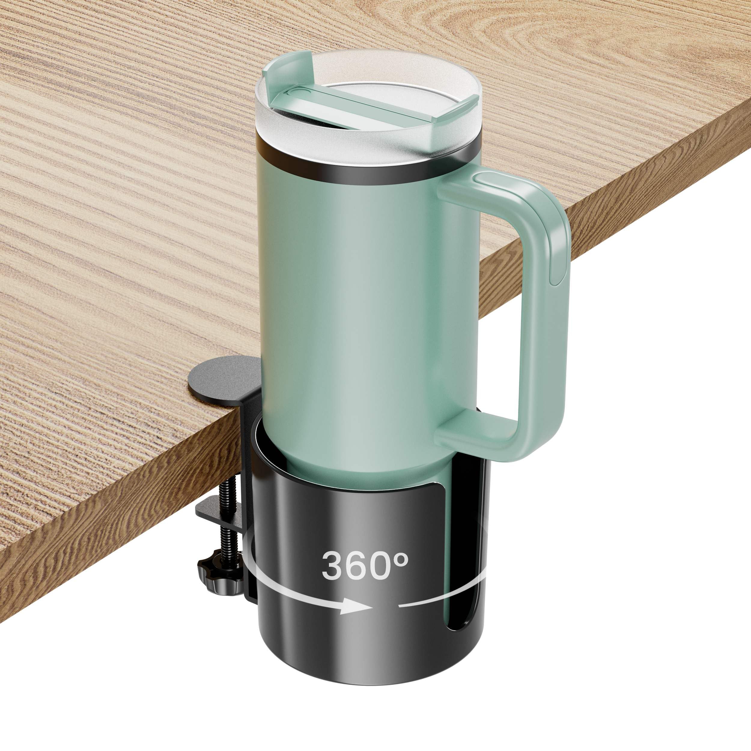 Yinqster 360° Deep Desk Cup Holder with Extra Wide Clamp, Anti-Spill Clip on Cup Holder for Desk, Rotating Table Mug Holder for Office & Gaming Accessories to Hold Stanley YETI Bottles, Bottle Racks