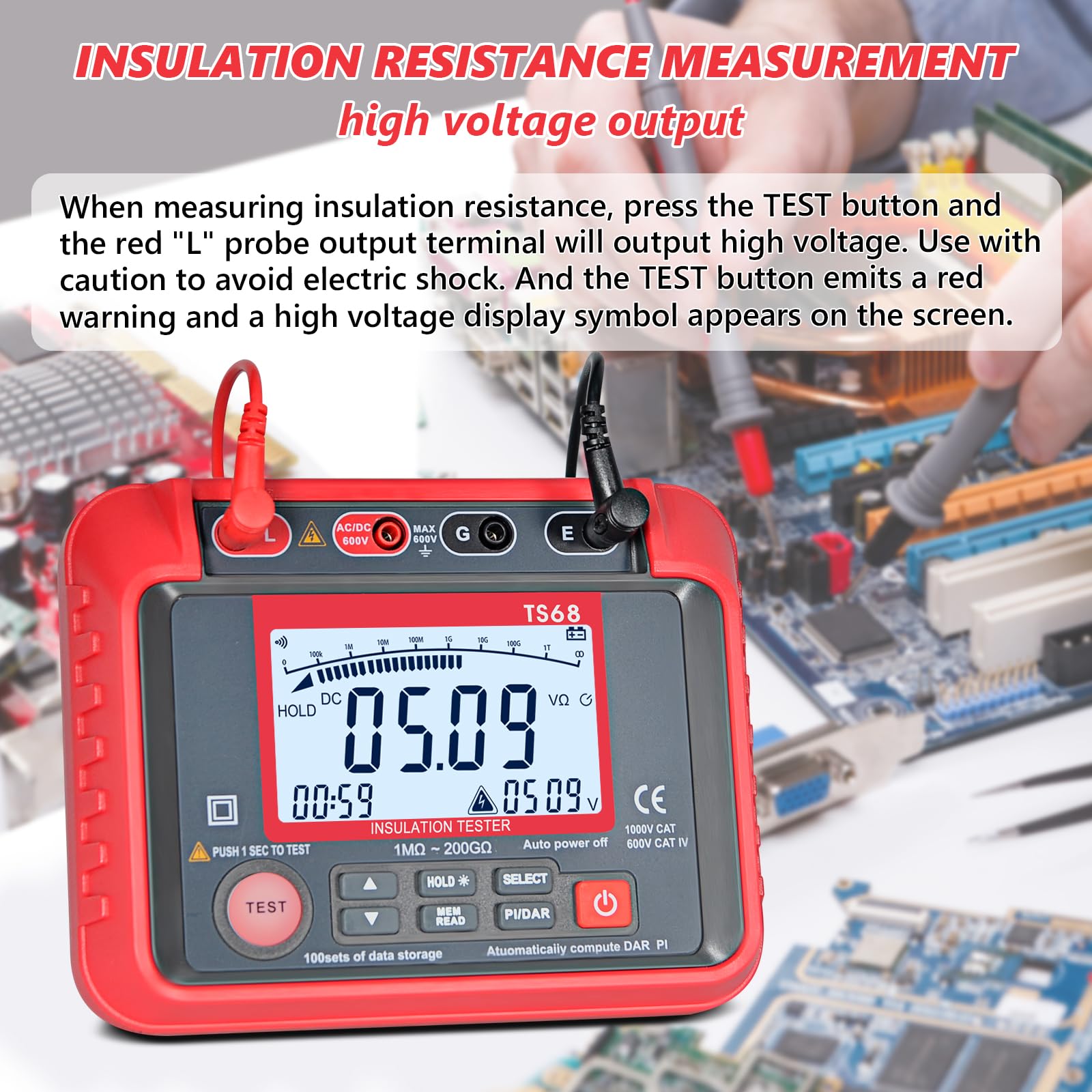 Digitaler Isolationswiderstandstester, Isolationsmesser 2000 zählt 250V/500V/1000V/2000V/2500V Testspannung, Isolationswiderstand 200GΩ, AC/DC Spannung, 100 Datenhaltung und Hochspannungsanzeige