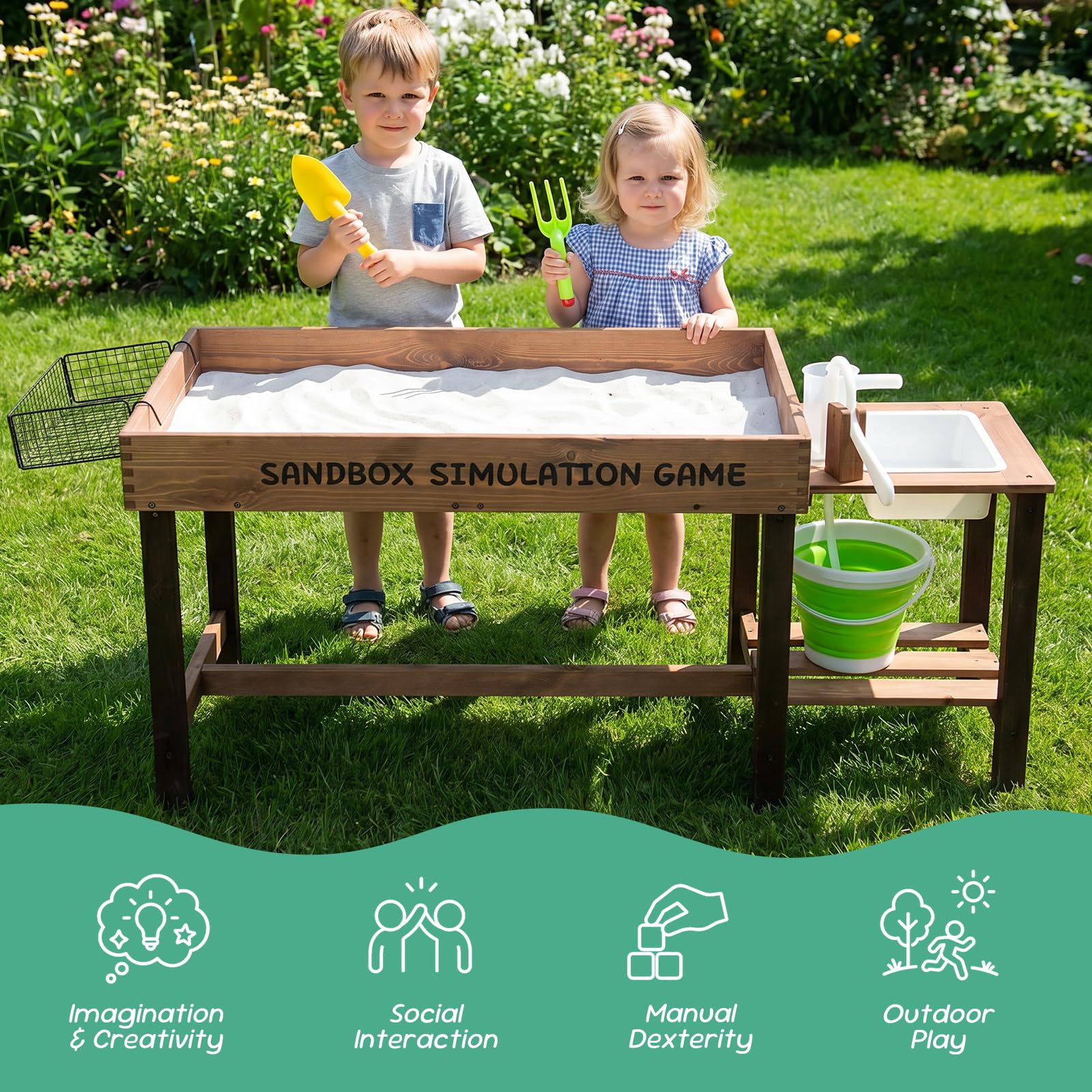 WOODENFUN Kuchnia błotna dla dzieci, do użytku na zewnątrz, z dekoracjami, drewnianymi akcesoriami, zlewozmywakiem, wiadrem, łopatkami do piasku, widelcami, piaskownica do ogrodu, zabawka plażowa