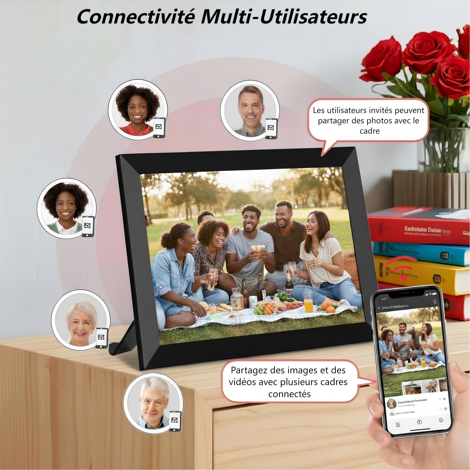Cadre Photo Numérique WiFi - 10.1 Pouces IPS Écran Tactile Smart Cloud Connecté avec 32Go Espace, Partagez Instantanément des Clips Vidéo et Photos Via l'application Frameo,Rotation
