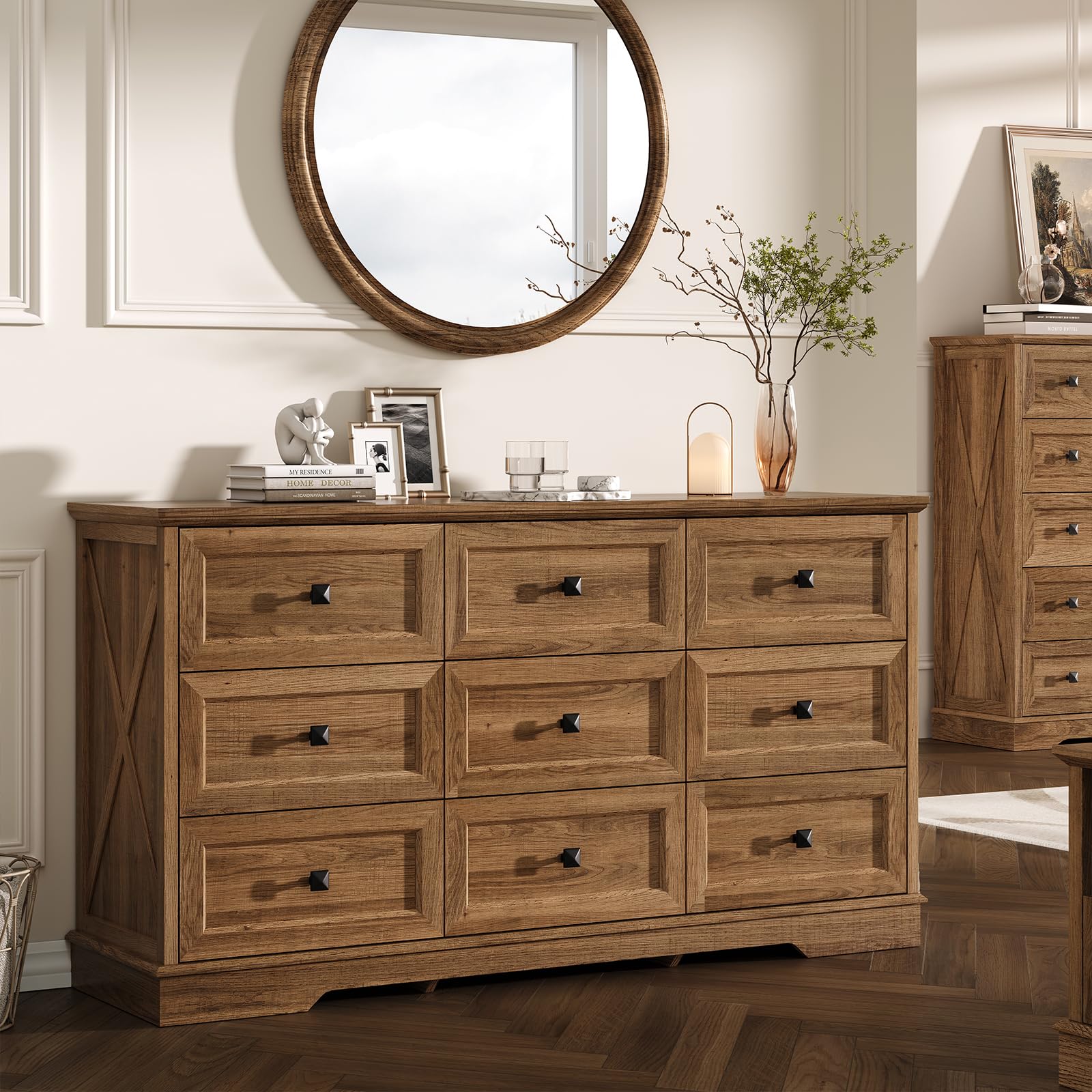 FFBCFDK Farmhouse 9 Drawers Dresser Chests for Bedroom, 9 Drawers TV Stand, Long Wood Dressers Organizer for Closet, Modern Storage Organizer Cabinet for Bedroom, Hallway & Entryway, Natural Oak