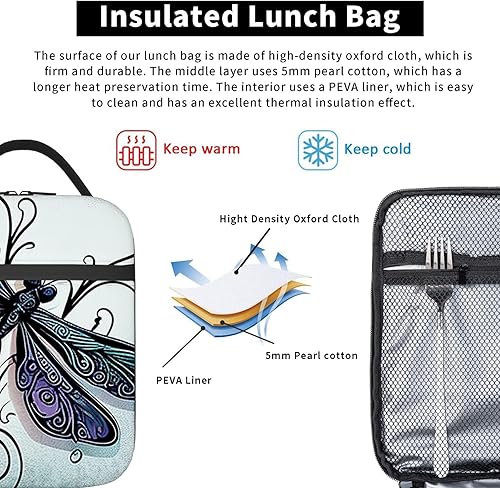 Miniatura 5 de OOZ Bolsa de almuerzo aislada para mujeres y hombres, libélula en negro y morado, reutilizable, a prueba de fugas, linda lonchera para el trabajo,