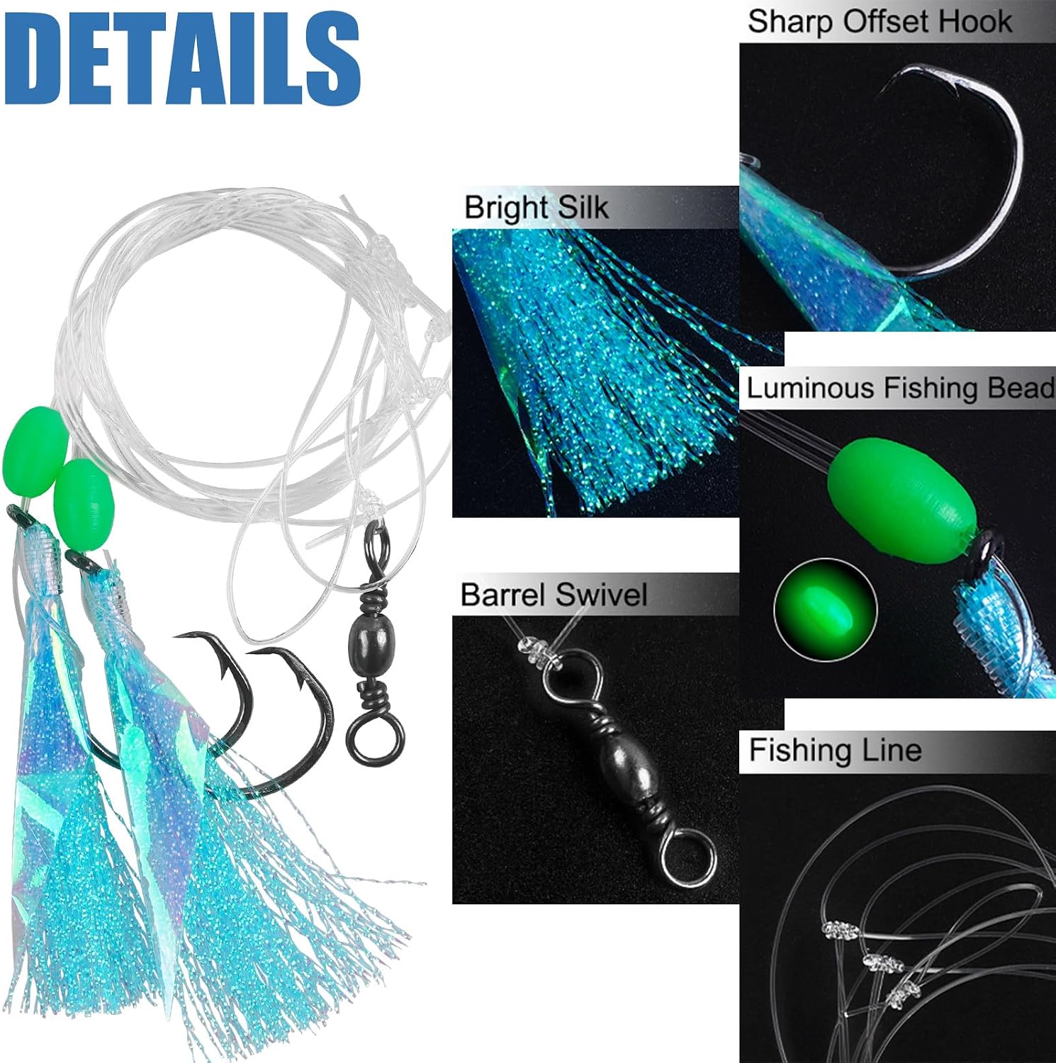 Fishing Bait Rigs Set with Sharp Circle Hooks, Mono Leader, Swivel, Fish Skin Glow Beads, Saltwater Bottom Fishing Rigs for Rockfish, Lingcod, Sea Bass