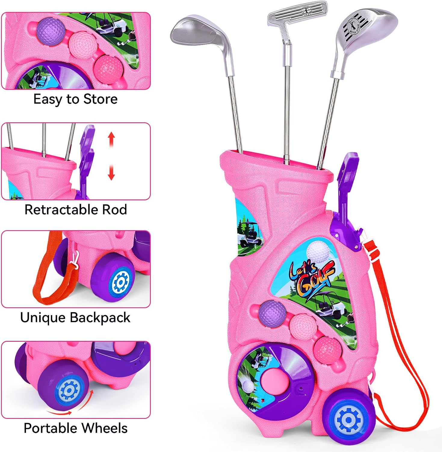 Toddler Golf Set with Shoulder Strap for Kids Ages 2-5, Portable Golf Clubs, Cart & Putting Mat - Indoor Outdoor Sports Toys -Pink