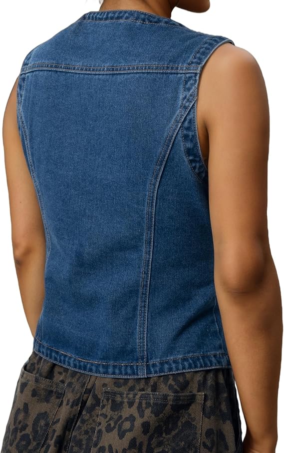 Ladyful Women's Denim Vest Top Sleeveless V Neck Jean Top Button Down Denim Waistcoat Vest