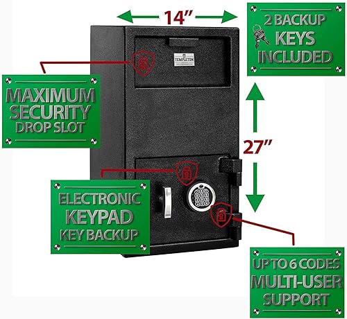 Miniatura 2 de Templeton Safes Caja fuerte de ranura de caída de depósito grande con combinación de teclado electrónico con respaldo de llave, 1.4 CBF