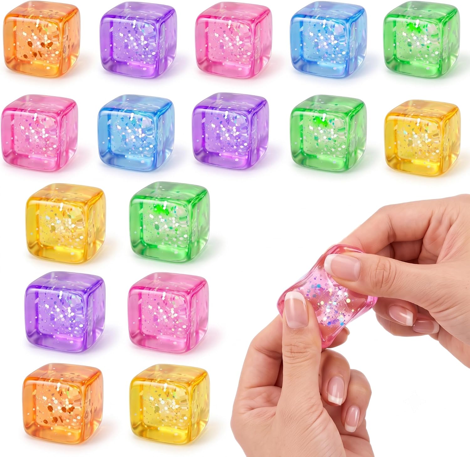 16 Pack Stress Cube Squishy Toys, 6 Color Gliter Squeeze Toys Random Set, Mini Sensory Toys for Kids & Adults Stress Relief, Party Favors, Christmas Stocking Stuffers, Treasure Box prizes