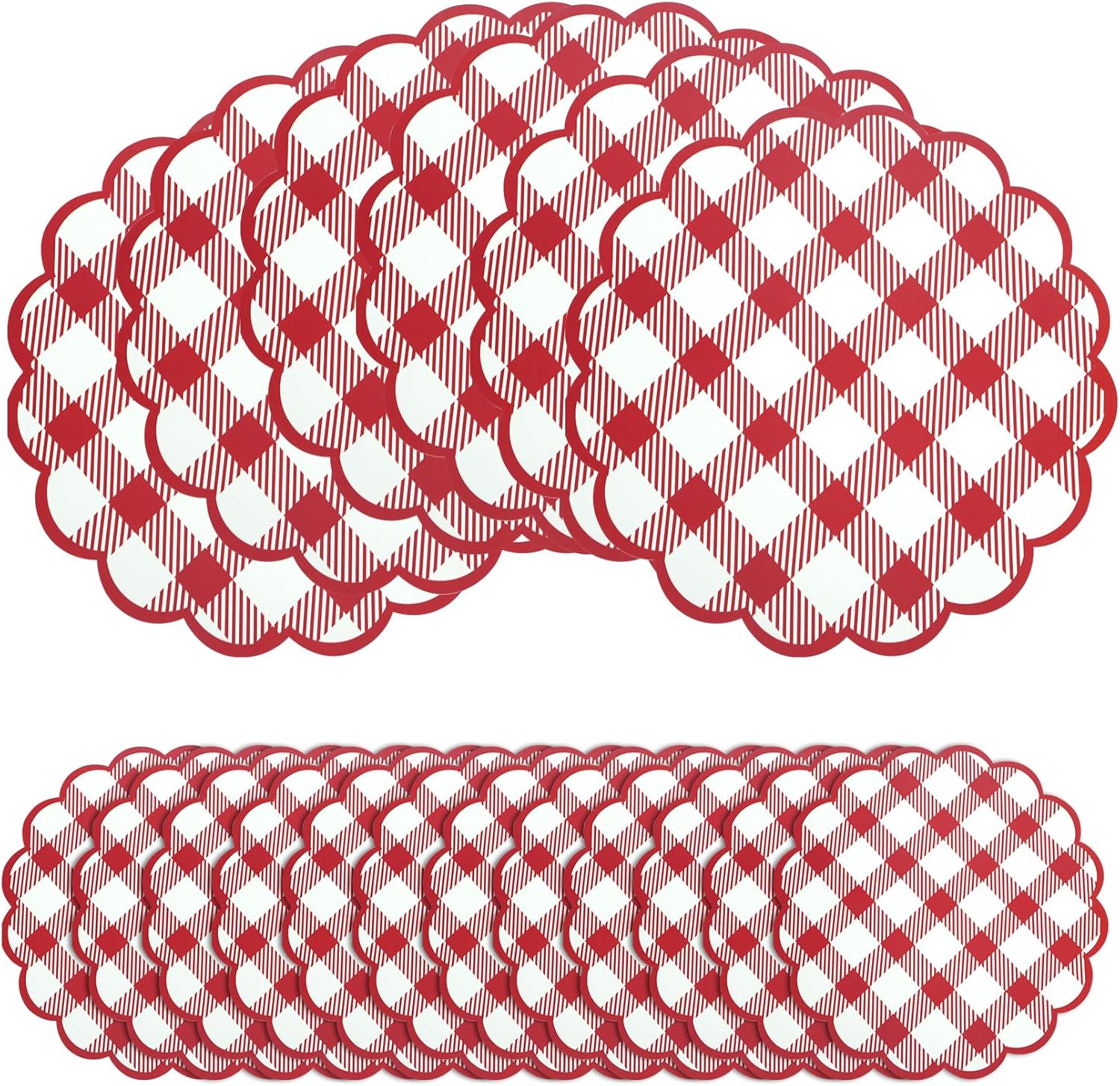 Red Checkered Paper Placemats 13.5 Inch Scalloped Round Disposable Gingham Place Mats, Waterproof Decorative Table Mats for Baby Shower Outdoor Picnic BBQ Birthday Tea Party