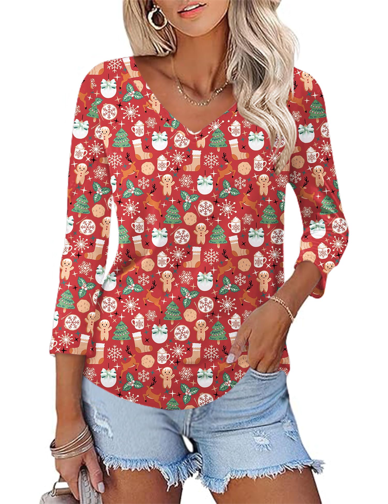 Rapbin Bluse Damen 3/4 Ärmel Langerm V-Ausschnitt Elegant Oberteile Locker Tops Sommer 2026 Tunika Lässig Blusen