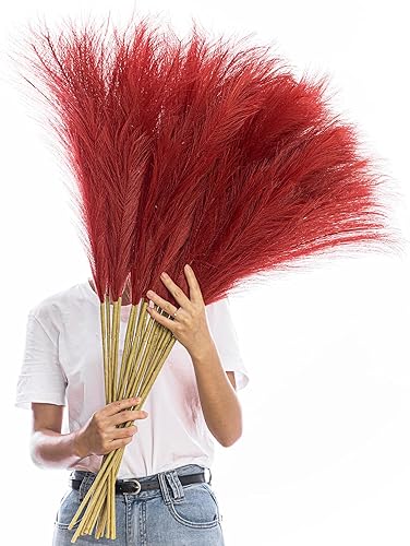 38 pulgadas 10 tallos de hierba de pampa sintética alta decoración de hierba de pampa alta roja pompas arreglo floral y relleno de jarrón para