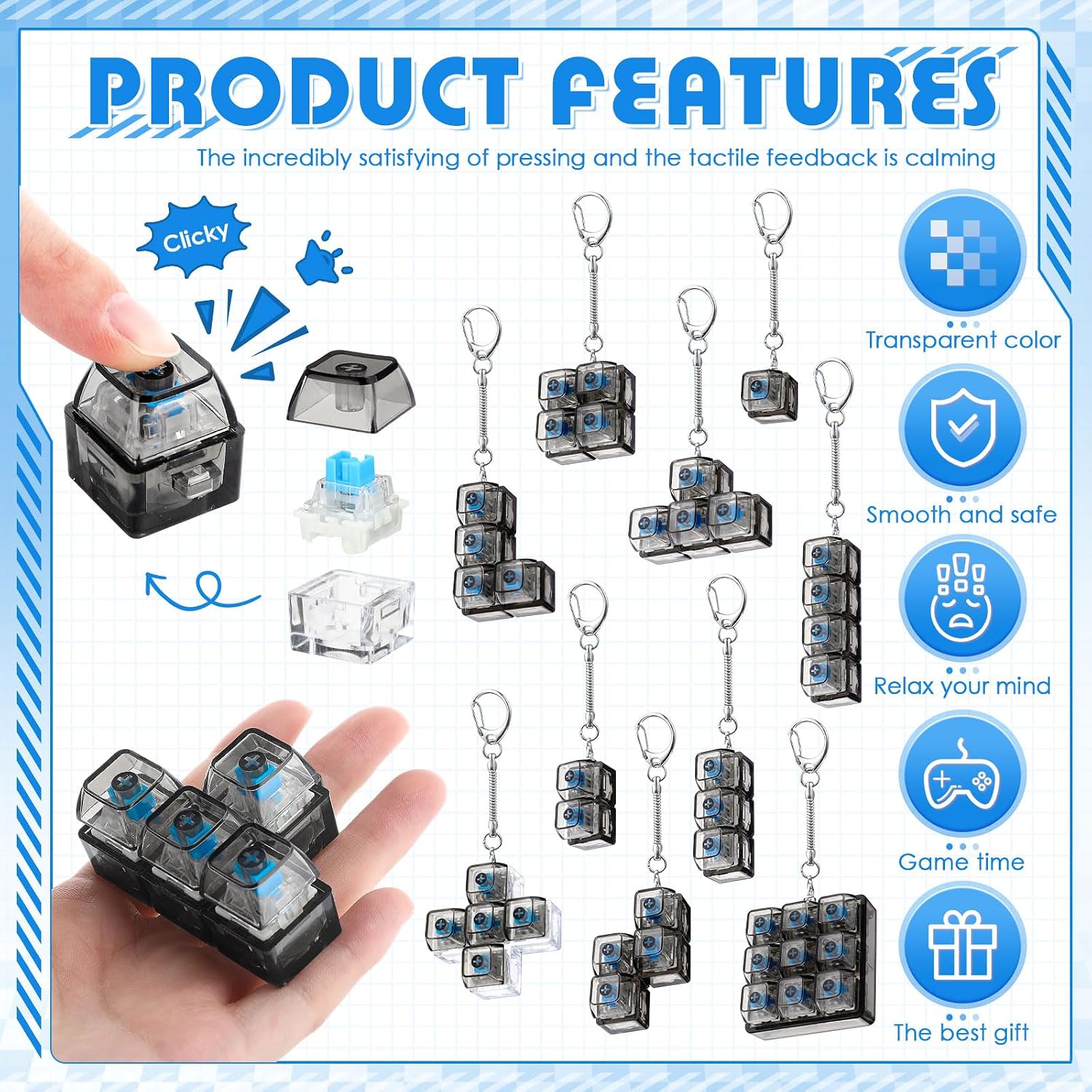 Halloscume 10 Pcs Keyboard Fidget Clicker Keychain in 10 Styles | Mini Clicker with Clasp, Stress Relief for Office Classroom, Clicky Sound, Party Favors, Portable Keychain Pass Time
