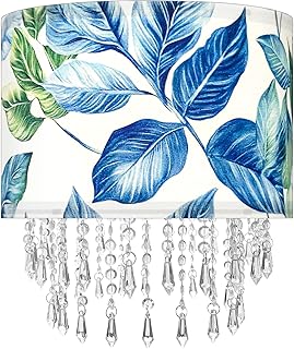 Blue Leaf Tropical Leaf Lamp Shade with Acrylic Bead Droplets, Drum Fabr...