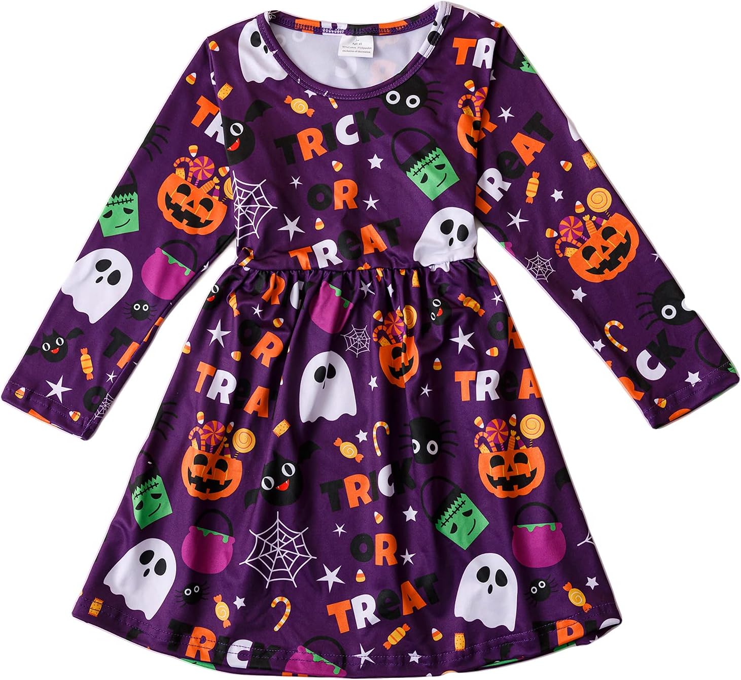 Halloween Kids Toddler Baby Girls Spider Ghost Print Dresses Long Sleeve 6-7Y