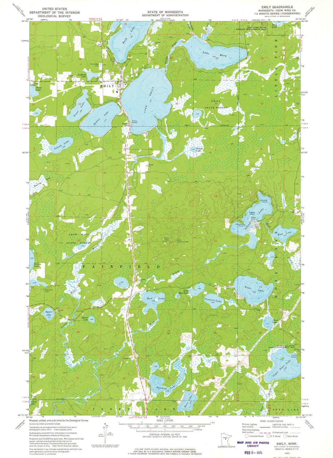 Emily MN topo map, 1:24000 Scale, 7.5 X 7.5 Minute, Historical, 1973, Updated 1975, 27.23 x 21.53 in