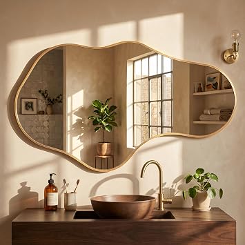 Irregular Wall Mirror, 26"x43" Gold Abstract Asymmetrical Mirrors for Wall, Decorative Cloud Aesthetic Mirror for Bathroom, Bedroom, Cloakroom, Entryway, Shatter-Proof Aluminum Alloy Frame