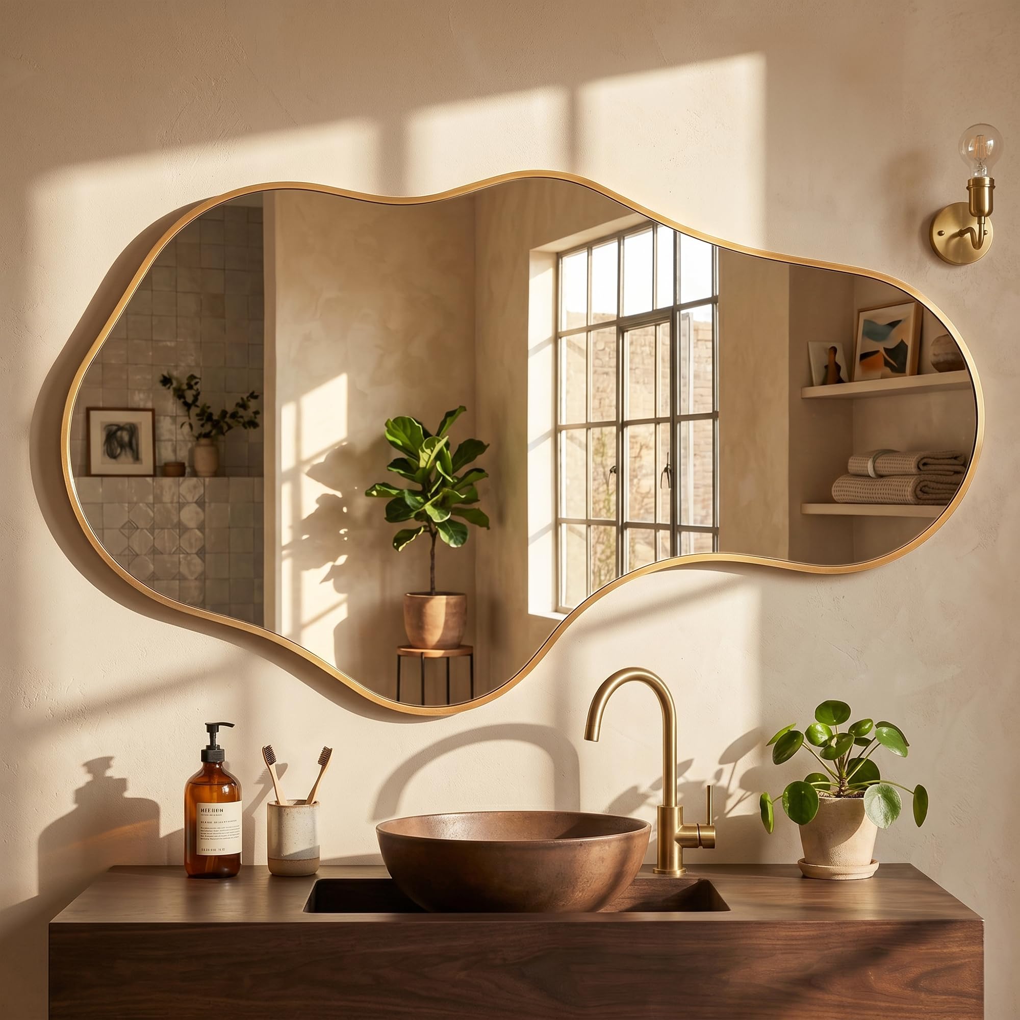 irregular wall mirror, 22"x36" gold abstract asymmetrical mirrors for wall, decorative cloud aesthetic mirror for bathroom, bedroom, cloakroom, entryway, shatter-proof aluminum alloy frame