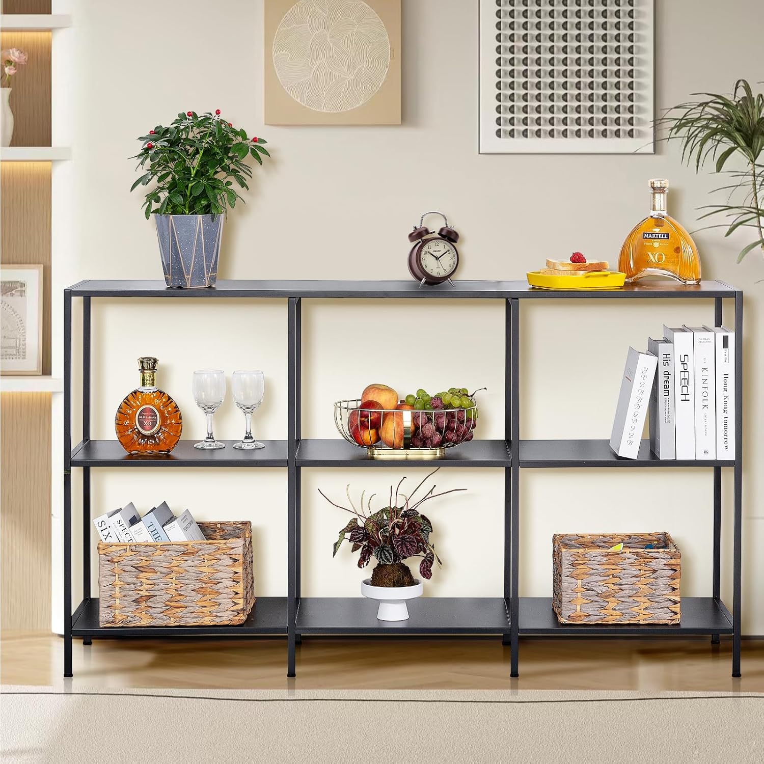 DCLRN 3 Tier Metal Console Table,Sofa Table Behind Couch,Narrow Long Shelf with Storage for Entryway,Narrow Entrance,Hallway,Living Room (Black, 55 Inch)