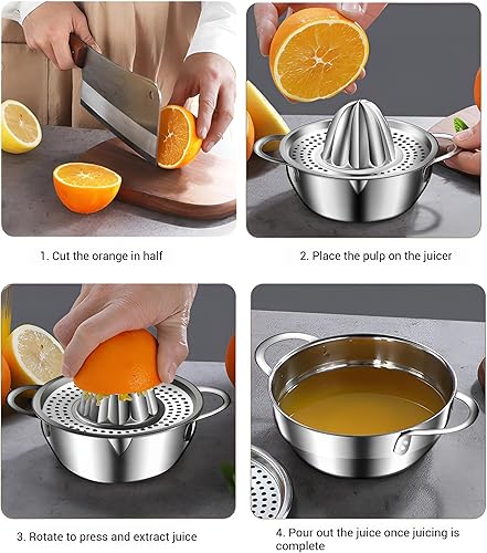 Miniatura 4 de Exprimidor de jugo de limón y lima, exprimidor de mano de acero inoxidable 304 con cuenco de 13.5 onzas, exprimidor de presión manual para frutas