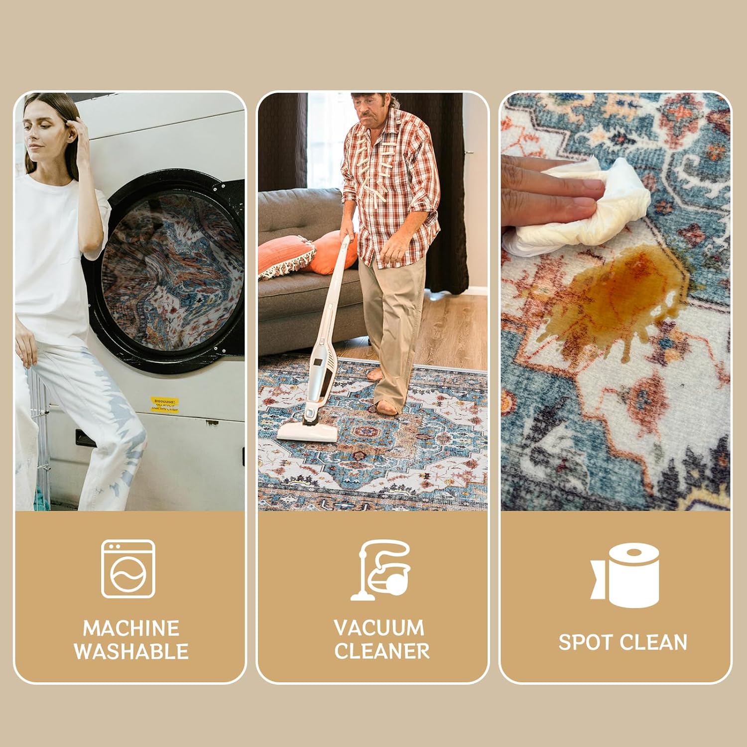 5x7 Area Rugs for Living Room Washable Rug Indoor Non-Slip Low Pile Large Carpet Boho Chic Floral Print Rug for Bedroom Kitchen Dining Room Office (Blue & Brown)