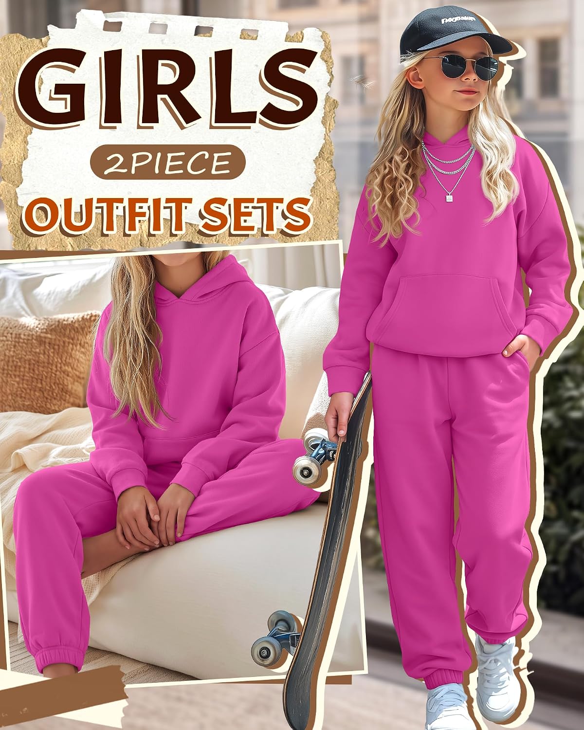 Girls 2 Piece Sweatsuit Set Long Sleeve Hoodie and Jogger Sweatpants with Pockets Hooded Outfits for Kids 5-14Years
