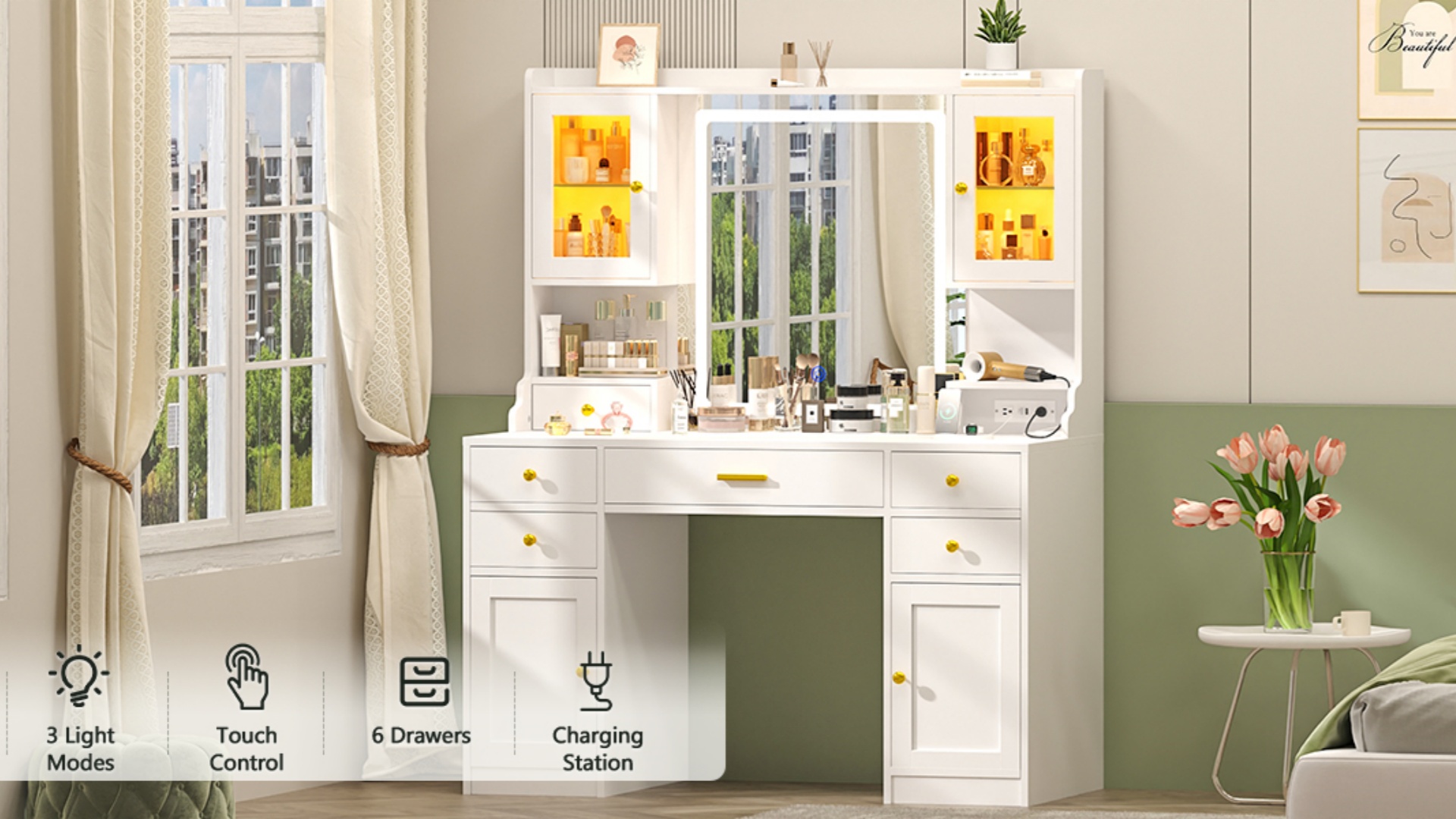 Amazon.com: Aiguazi Vanity Desk with Mirror and Lights, White