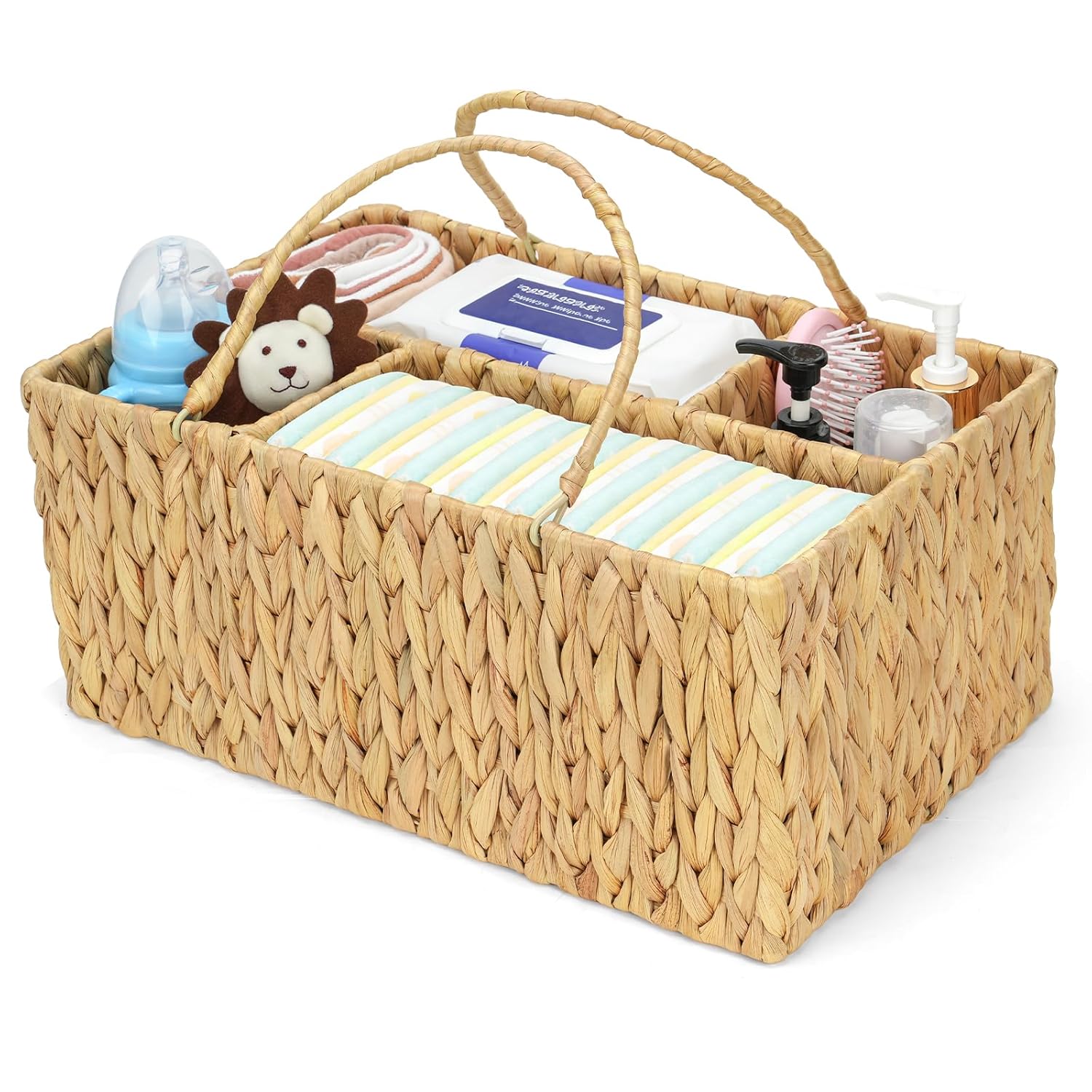 Niuirt Large Baby Diaper Caddy Organizer Handwoven Water Hyacinth Storage Basket Portable Wicker Car Diaper Storage Bin for