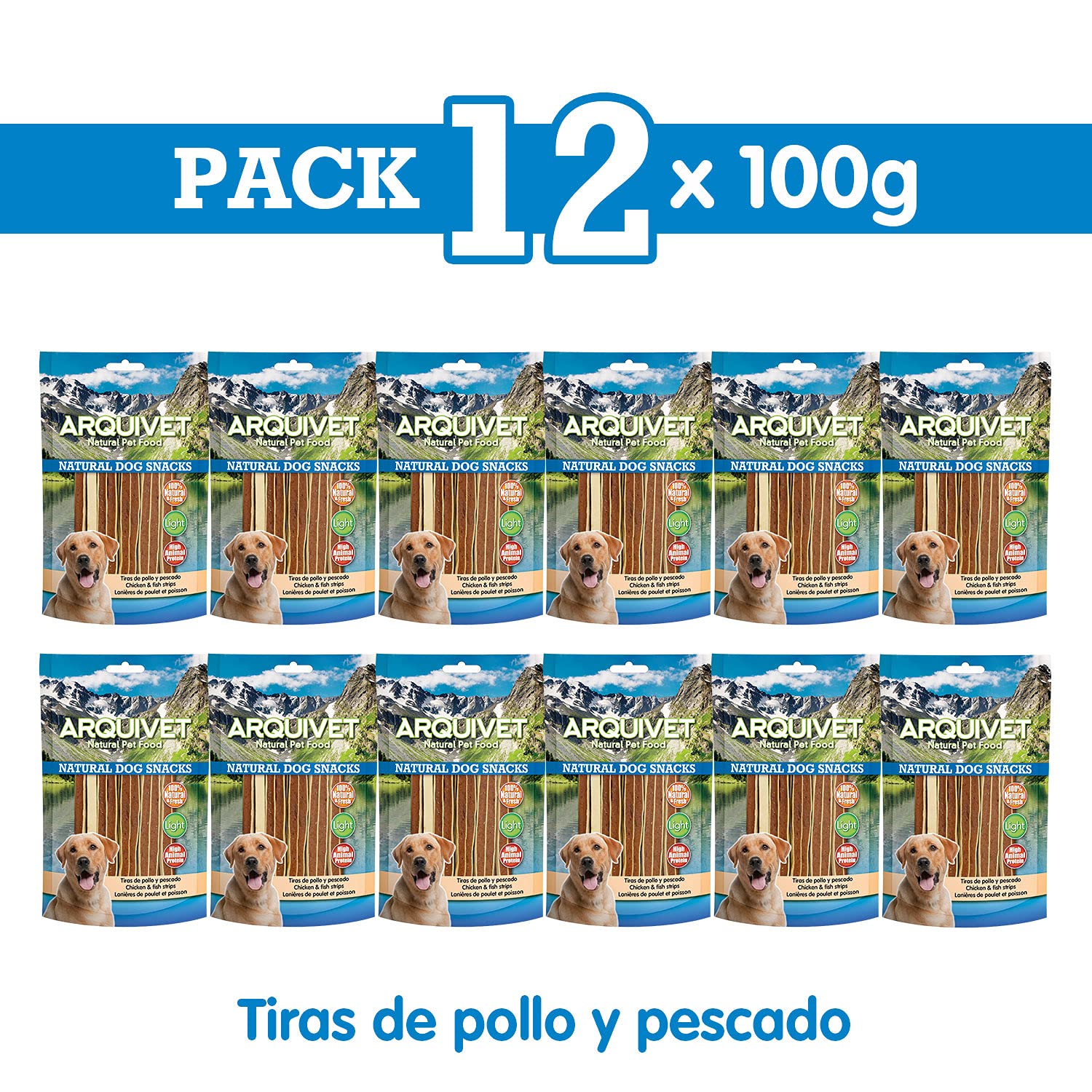 Arquivet Pack 12 Unidades Snacks Tiras de Pollo y Pescado 100 g - Natural Dog Snacks - 100% Natural - Chuches, premios, golosinas para Perros
