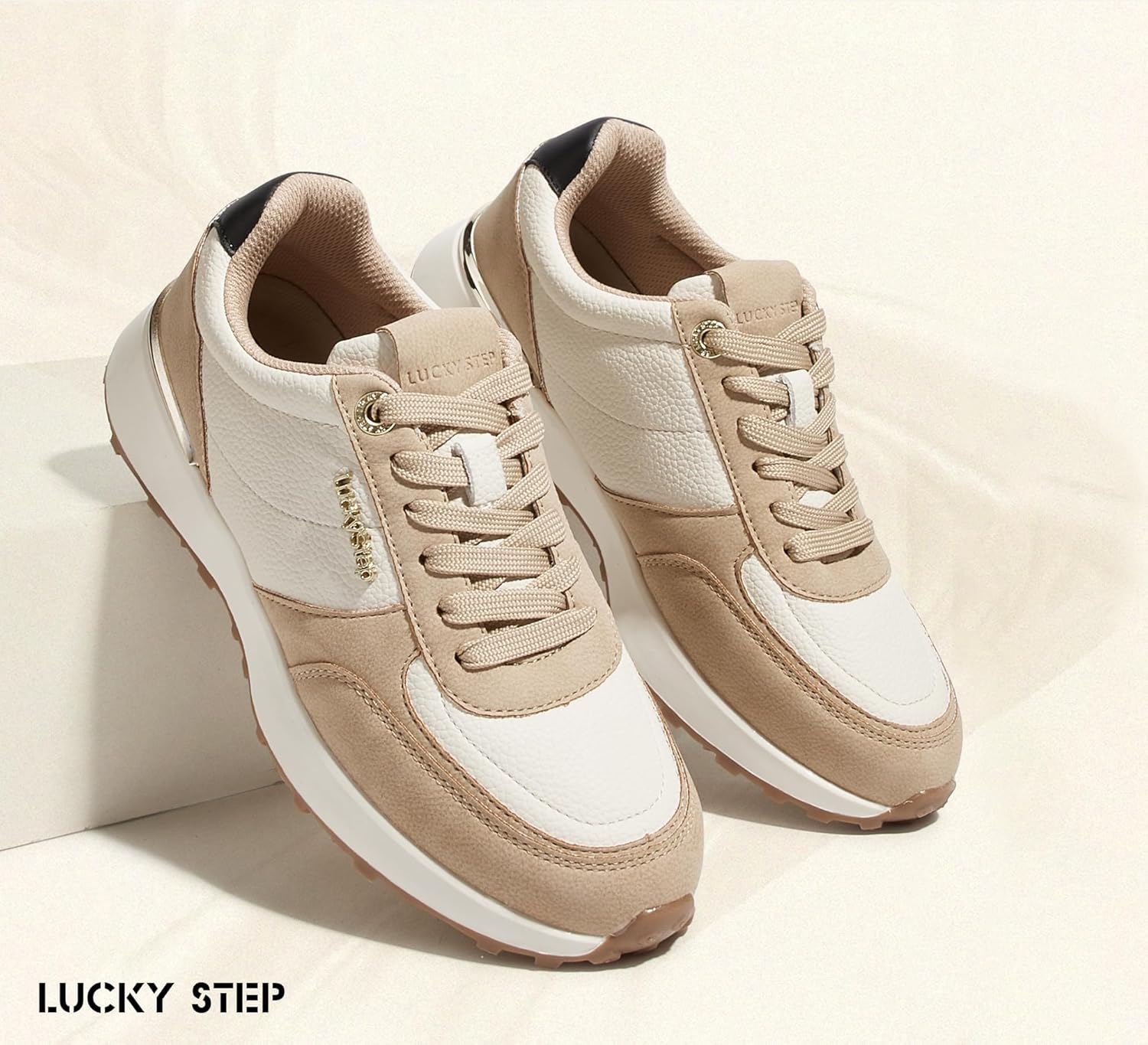 LUCKY STEP Women's Fashion Casual Sneakers Platform Rhinestone Retro Trendy Tennis Travel Walking Shoes Anti-Slip Comfortable Lace-up Footwear