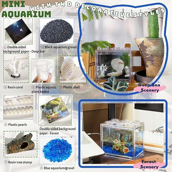 Small Betta Fish Tank, Mini Sea Monkey Tank Aquarium Kit with Gravel & Background Resin Decor, 0.6 Gallon Stackable Tabletop Fish Bowl Accessories for Shrimp Seaweed Ball