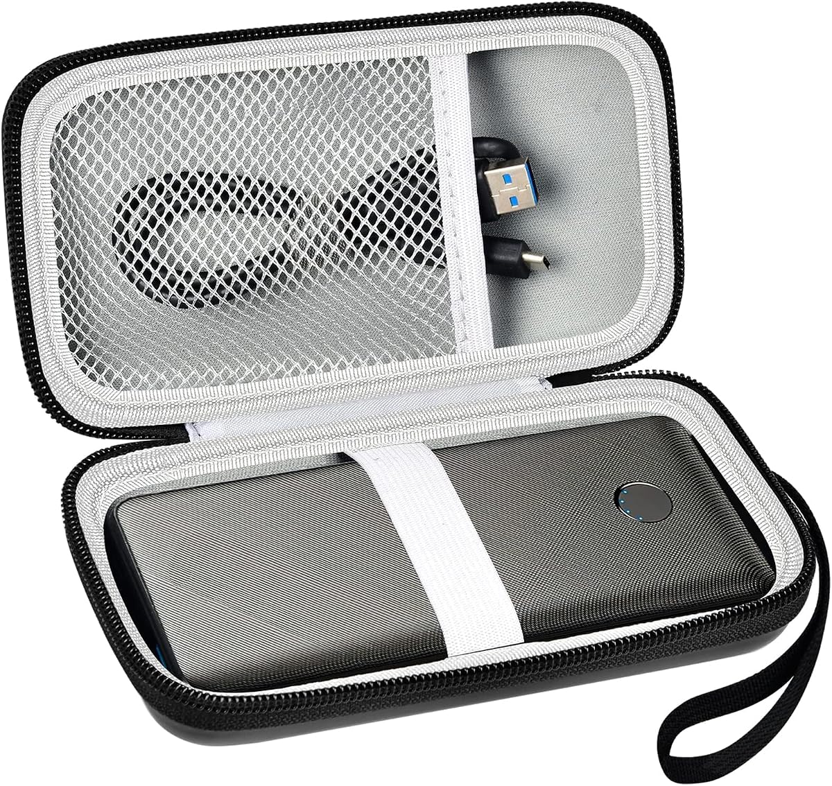 Power Bank Case for Anker 313/523 10000mAh Portable Charger, Hard Shell | Black Case with Elastic Strap, Mesh Cable Pocket and Hand Strap, Compact Storage for Work, Daily Carry and Travel, Case Only