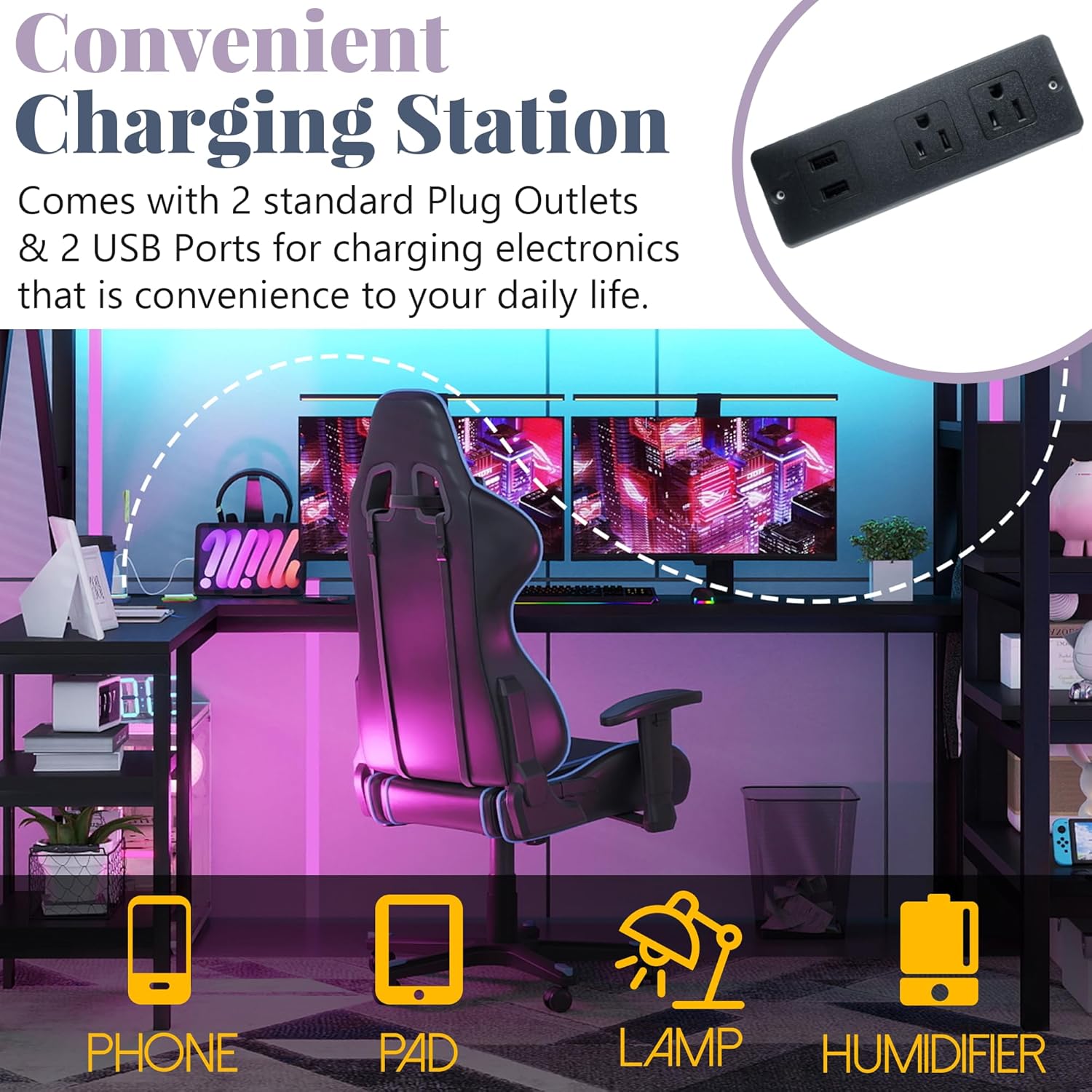Queen Size Loft Bed with Desk and Stairs,Metal Gaming Loft Bed Queen with Wardrobe and Shelf, High Loft Bed with LED & USB Charging Station for Teens, Adults, Space Saving Design,Black
