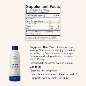 Earth's Bounty Tahitian Organic Noni Juice - 32 fl.oz - 100% Pure, Natural Immune & Joint Support - Organic, Kosher Noni Juice - No Additives