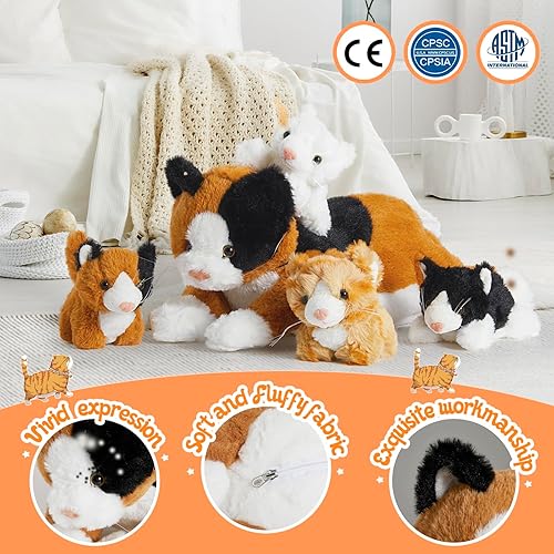 Miniatura 6 de Houwsbaby Juego de 5 juguetes de peluche para gatos, mamá gato con 4 gatitos, sorpresa de gatito, animales de peluche para padres e hijos para