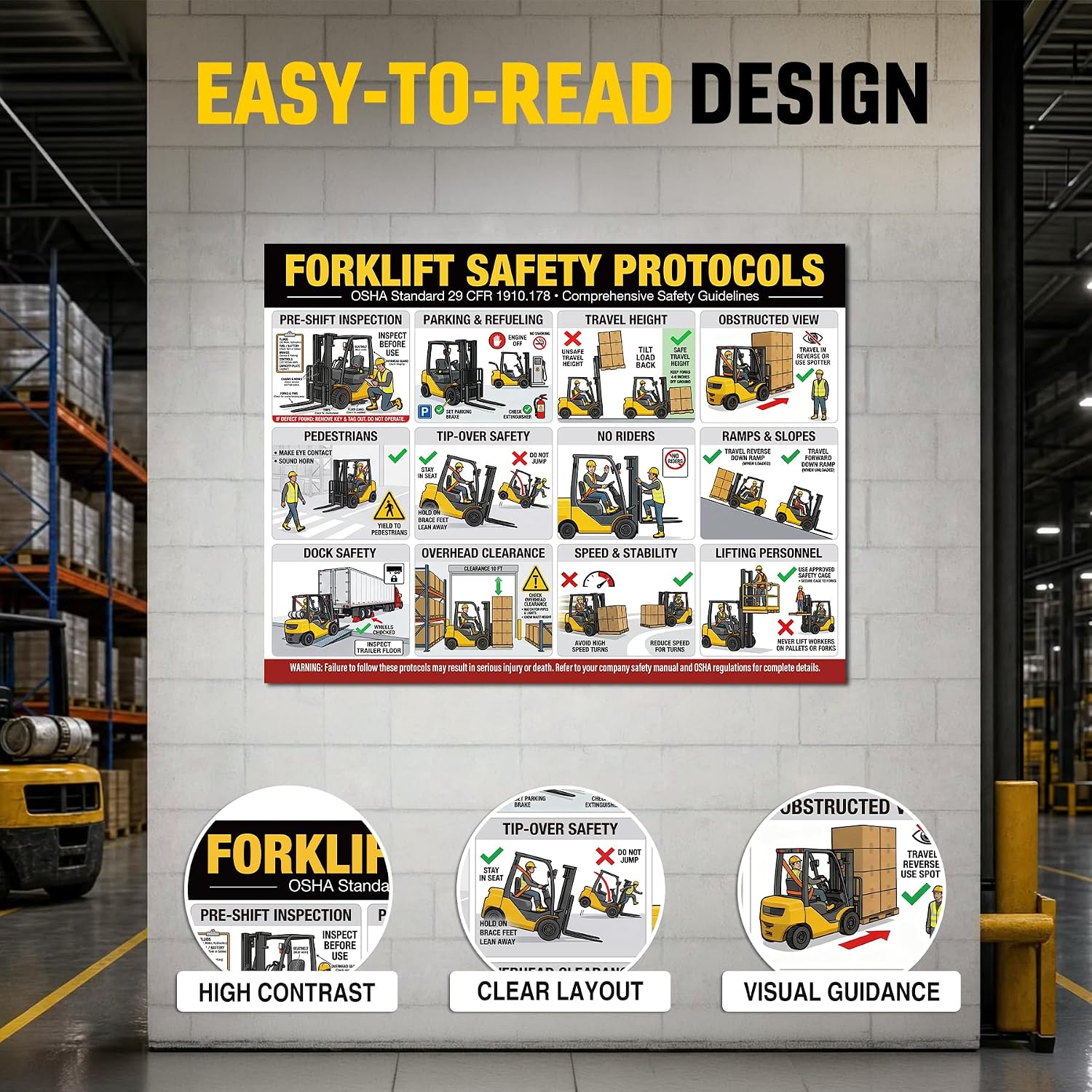 Forklift Safety Poster, Easy-to-Read OSHA Workplace Safety Protocol Guide, Pre-Shift Inspection & Safe Operation Wall Chart for Warehouse, Factory & Distribution Center, Waterproof Laminated, 17 x 22.7 Inch
