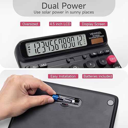 Miniatura 3 de VEWINGL Calculadora de escritorio, pantalla LCD grande de 12 dígitos, teclas grandes estilo computadora, doble potencia (solar y batería), modo de