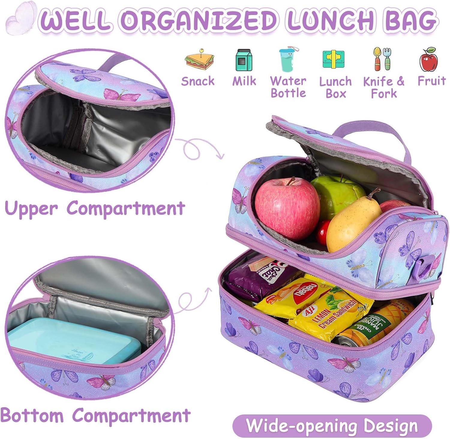 Kasqo Lunch Box Bag for Girls, 6.5L Insulated Reusable Dual Decker Compartments Cooler Bag for Kids/School/Picnic/Travel Purple Butterfly - Image 2