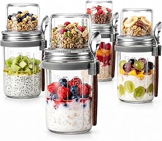 4 Pack Overnight Oats Containers With Lids And Spoons, (16Oz+5Oz) Glass Mason Jars With Dry And Wet Separation For Cereal Nut Fruit Salad Chia Pudding Yogurt, Meal Prep Jars