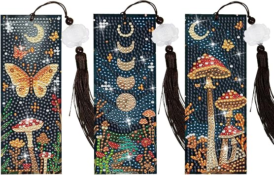 Anseal 3Pcs Mushroom Diamond Art Bookmarks DIY Leather Tassel Bookmark for Adult Christmas New Year Graduation Birthday Gifts