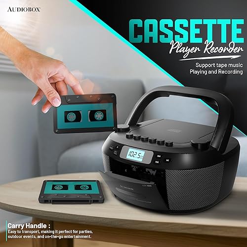 Miniatura 3 de Audiobox Reproductor portátil de CD y cassette, Bluetooth 5.3 Boombox, radio AMFM, USB, MicroSD, entrada AUX, doble, con control remoto - Negro