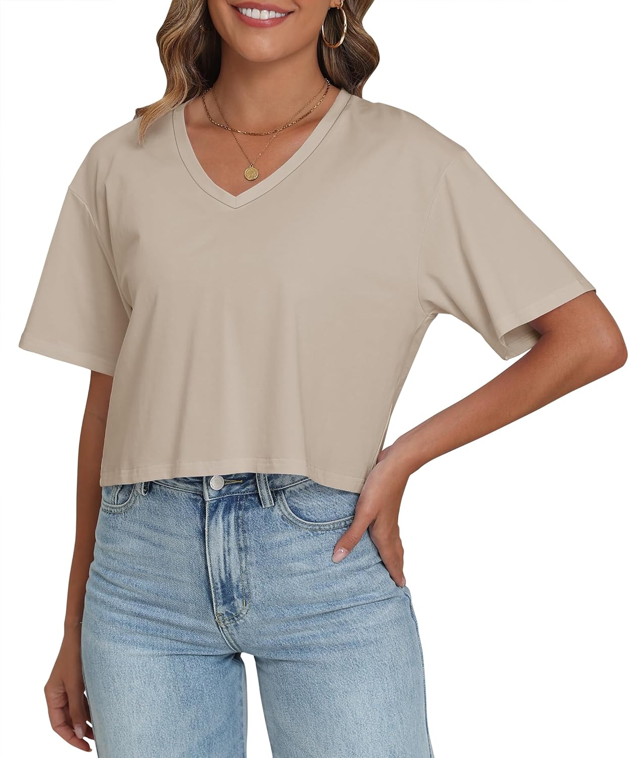 PRIMODA Women's Oversized Crop Tops Boxy V Neck Short Sleeve Cropped T Shirts Loose Summer Workout Crop Tee Tops